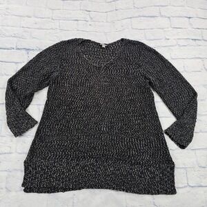 J Jill V-Neck Sweater Women L Black White Marled Textured Knit Pullover Sweater